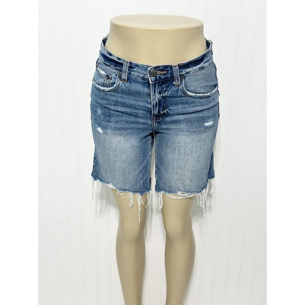 Pistola Women's Blue Medium Denim Wash‎ Frayed Distressed Raw Hem Long Short 25